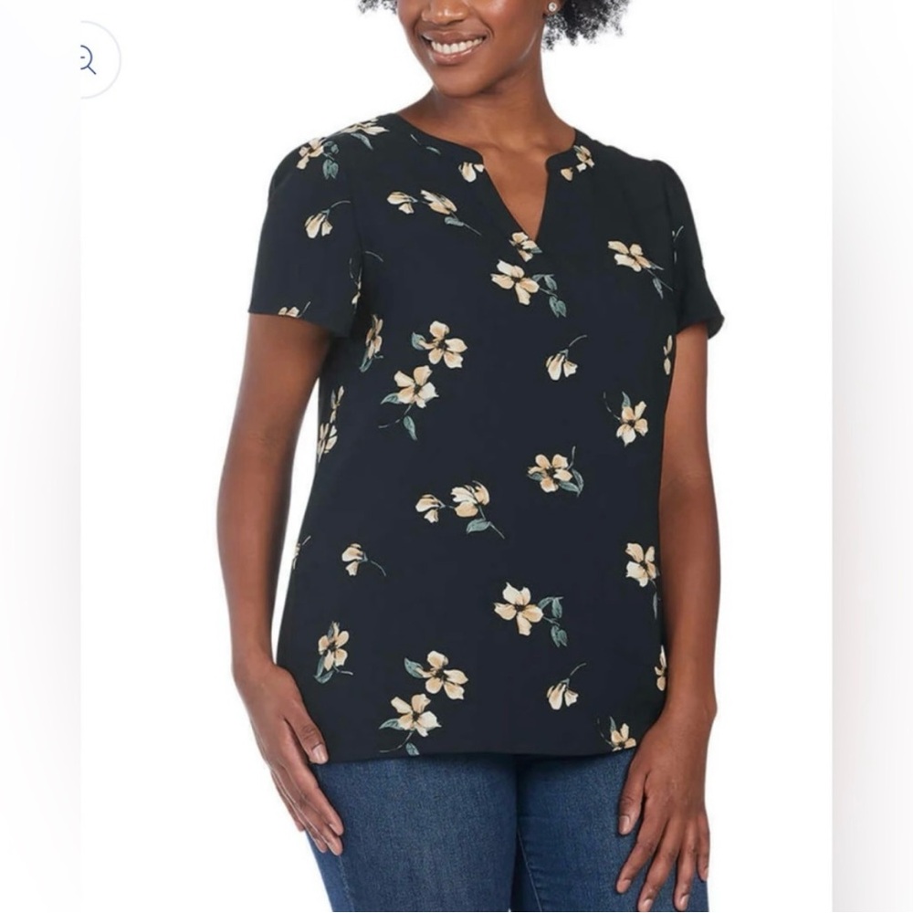 Hilary Radley Navy Floral Blouse, Yellow Flowers, Polyester, Flutter Sleeve Top